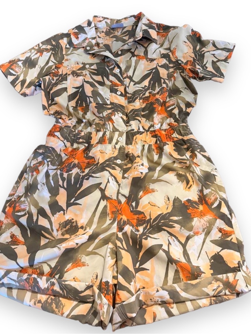 Columbia Olive, Orange & Cream Short-Sleeve Floral Romper